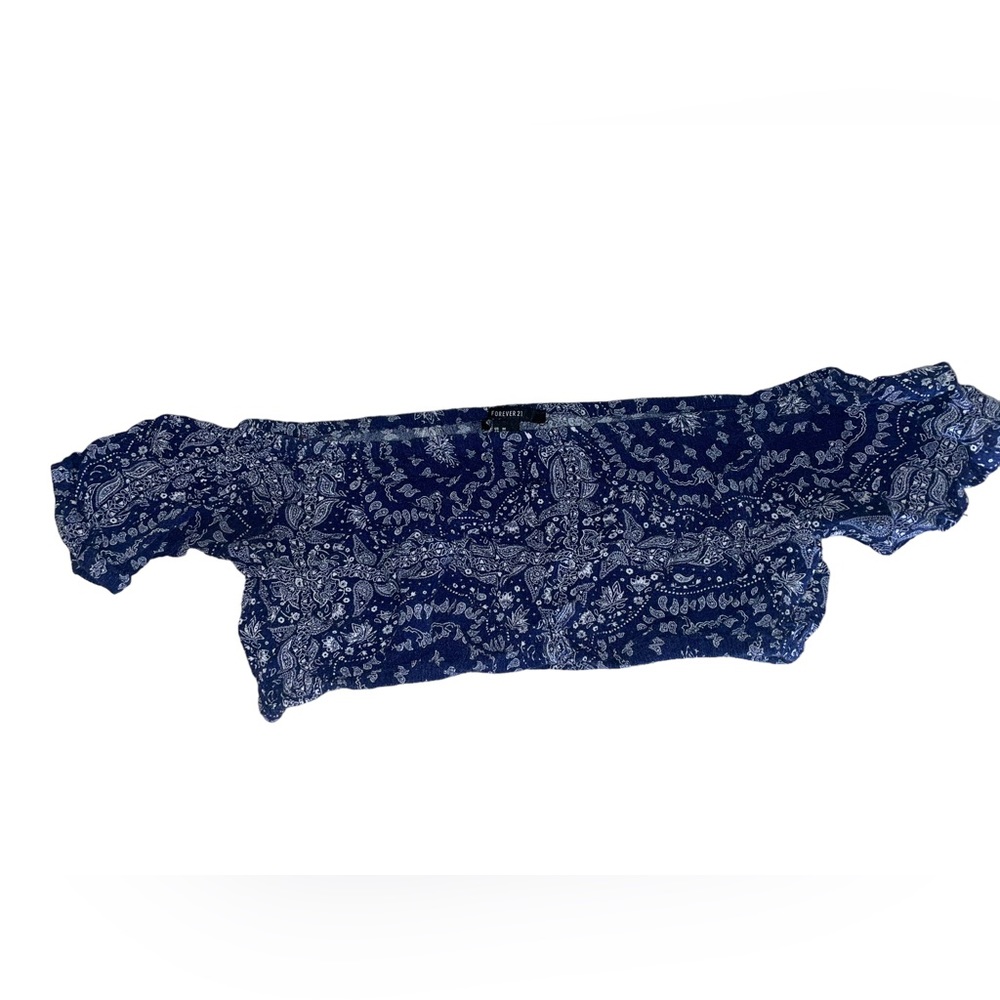 Forever 21 Navy Blue, Floral/ BOHO Crop Top in white outline. Off the shoulder